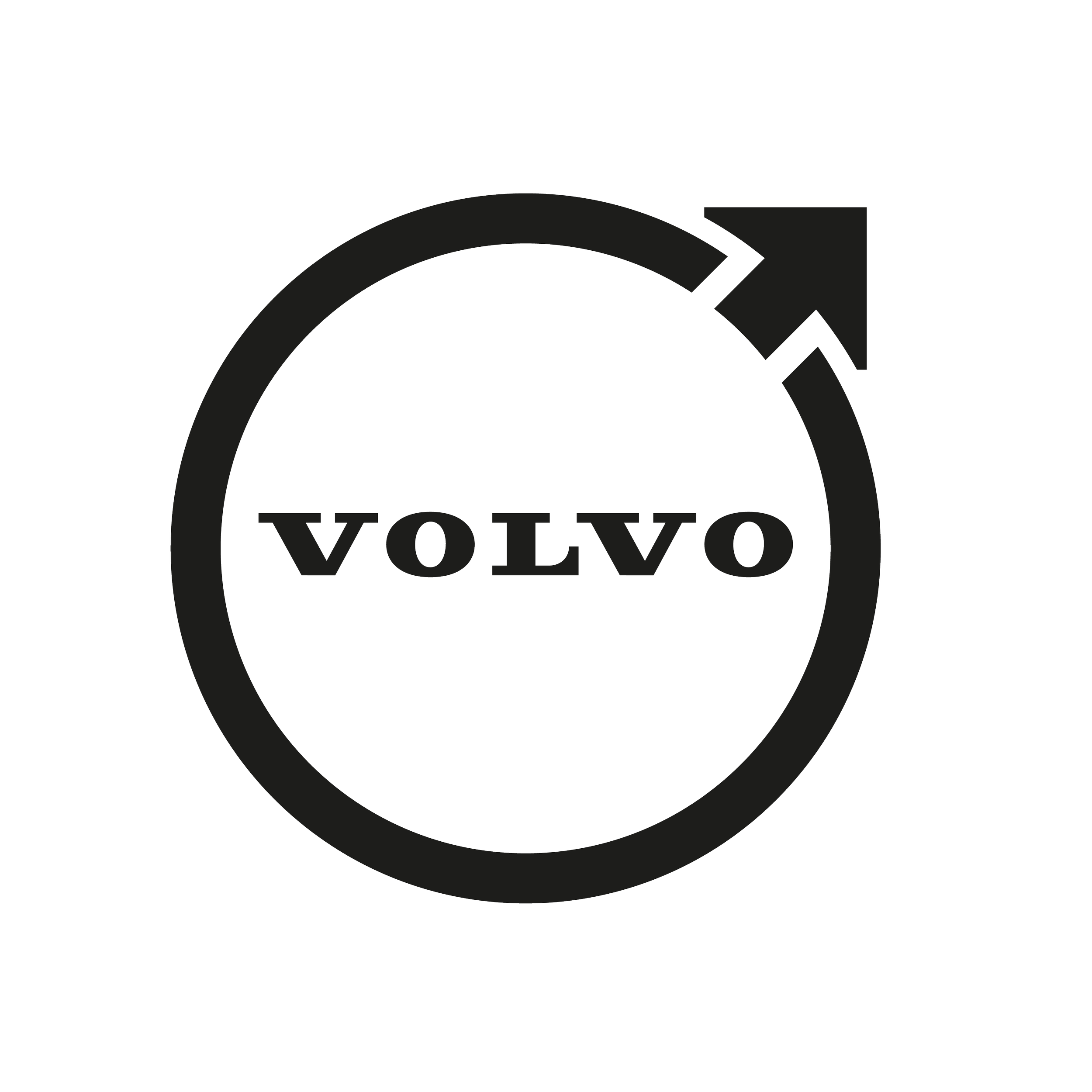Black and gray Volvo logo with an arrow forming a circle around the brand name.